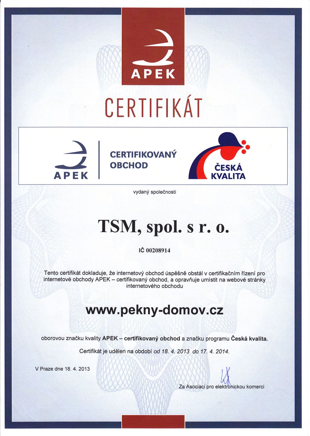 Certifikát APEK